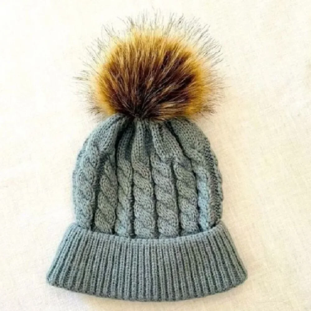 Kids Knit Hat Child Size Gray Cable Knit Faux Fur Pom Beanie Winter Cap